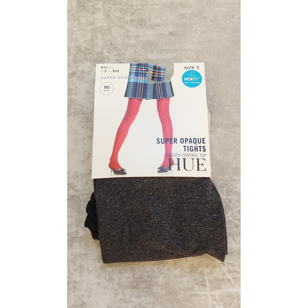 HUE Super Opaque Tights Graphite Heather Size 2 Smooth Control Top 90 Denier NWT